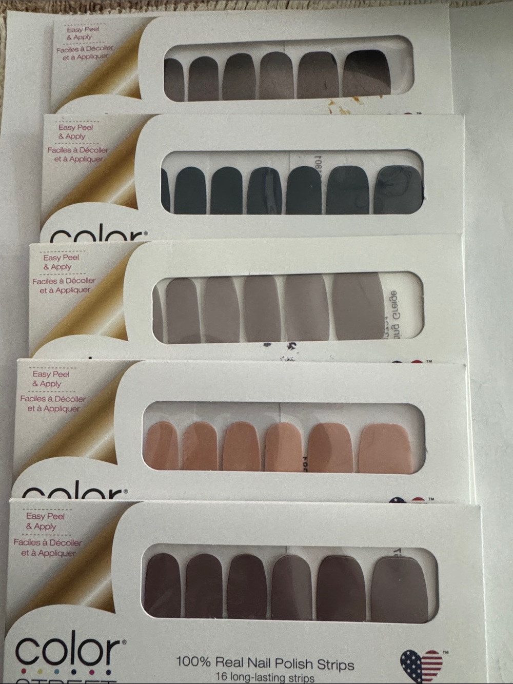 Color Street Press-On Nail Strips - Nude, Blush Pink, Taupe, Mauve, Charcoal.